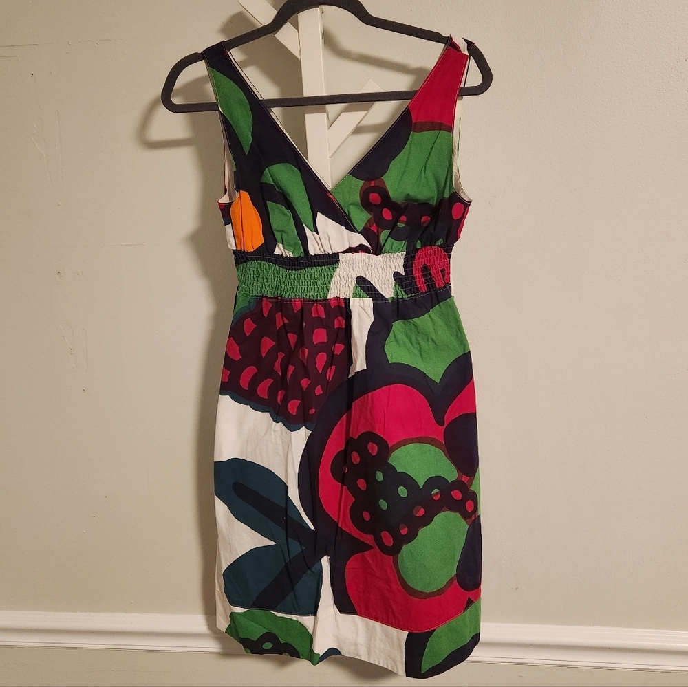 ANTHROPOLOGIE x MARIMEKKO Floral Smocked Mini‎ Dress Scandi Art Boho 4 Pockets!